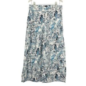 Tahari 100% Linen Bird Floral Wide Leg Pants Size Medium Whimsical Resort
